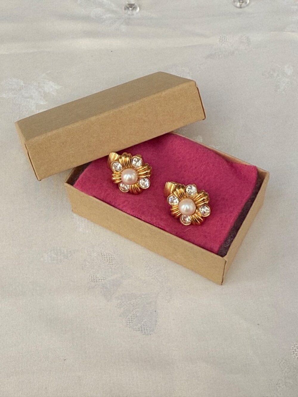 Vintage Gold-Tone Faux Pearl & Rhinestone Clip-On Earrings
